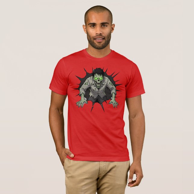 Zombie bryter genom vägg Skräckpresent T Shirt (Hel framsida)