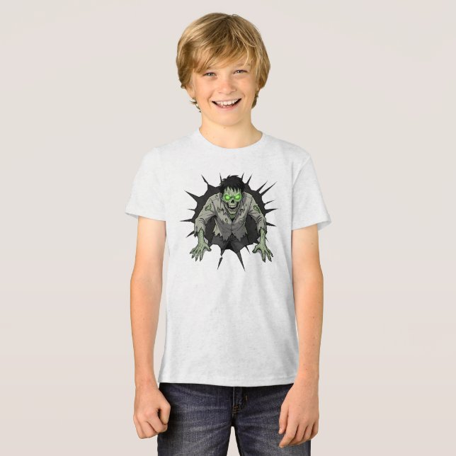 Zombie bryter genom vägg Skräckpresent T Shirt (Framsida Full)