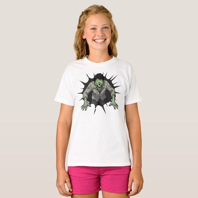 Zombie bryter genom vägg Skräckpresent T Shirt (Hel framsida)