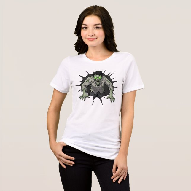 Zombie bryter genom vägg Skräckpresent T Shirt (Framsida Full)
