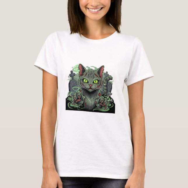 Zombie Cat Attack - Creepy Halloween Cat Woman T Shirt (Framsida)