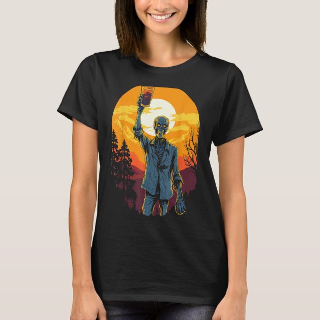 Zombie Celebrating Happy halloween Måne Sunset T Shirt (Framsida)