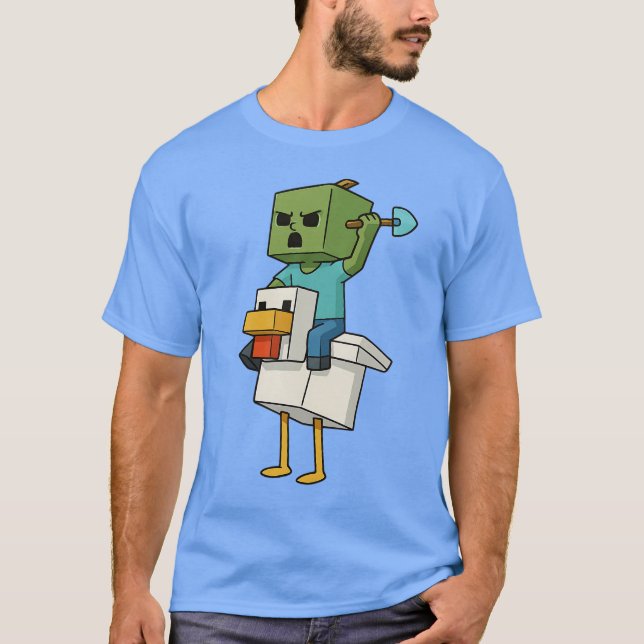 Zombie Chicken Zombie Jockey Pixel Funny Gamer T Shirt (Framsida)