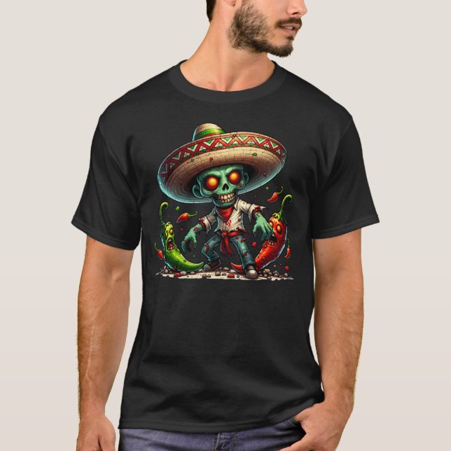Zombie Cinco de Mayo Man och Hett Peppers T Shirt (Framsida)