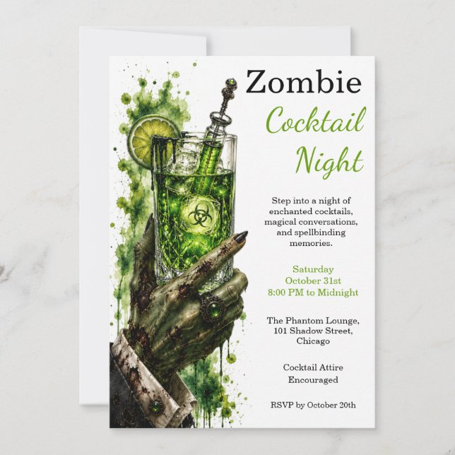 Zombie Cocktail Night Grön Gift Halloweenfest Inbjudningar (Framsida)