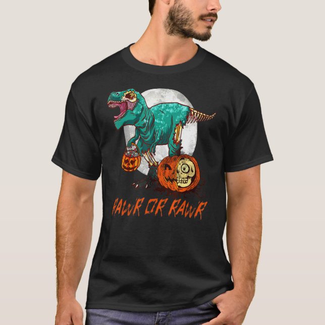 Zombie Dinosaur Halloween Pumpkin Måne T Rex Rawr T Shirt (Framsida)