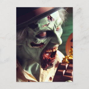 Zombie Eating Halloween Chocolate Vykort