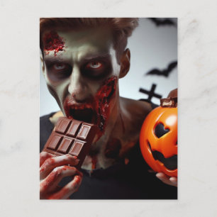 Zombie Eating Halloween Chocolate Vykort