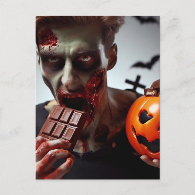 Zombie Eating Halloween Chocolate Vykort (Framsida)