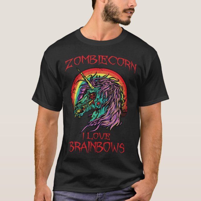 Zombie Enhörning Jag älskar Brainbows Halloween go T Shirt (Framsida)