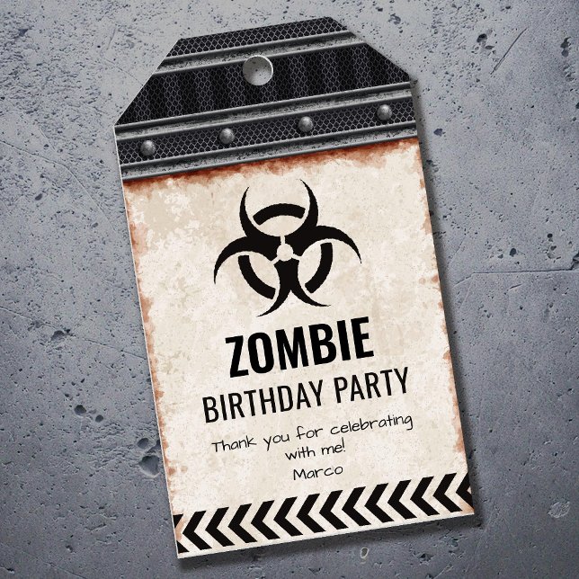 Zombie födelsedagsfest tack med biohazard presentetikett (Skapare uppladdad)
