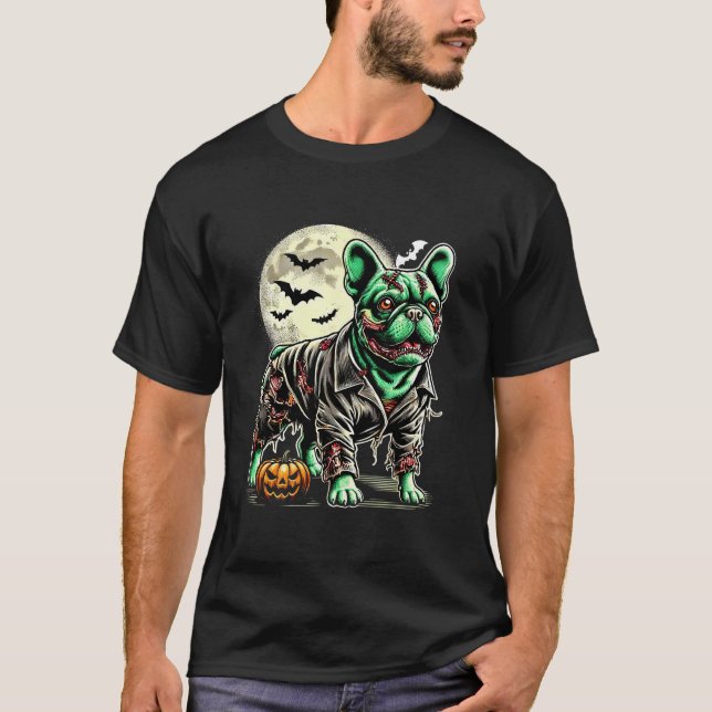 Zombie Fransk Bulldog Halloween Hund Odöda Puppy C T Shirt (Framsida)