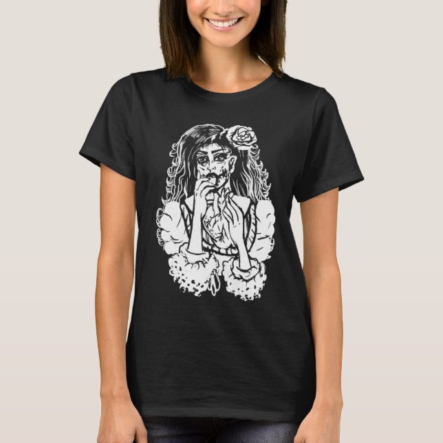 Zombie Girl Eating Heart Victorian Gothic Punk T Shirt (Framsida)