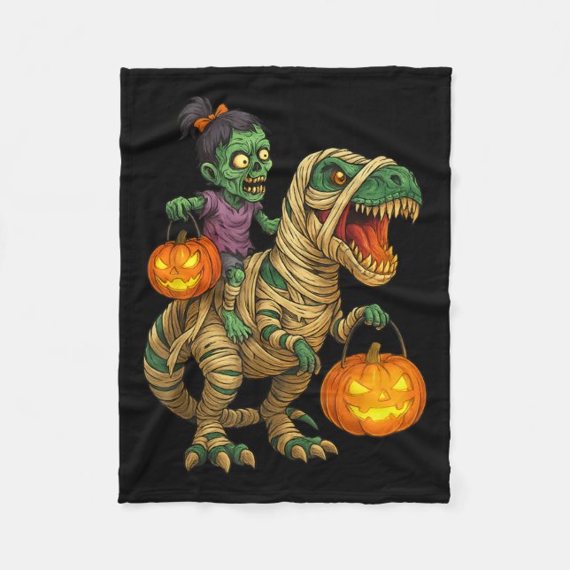 Zombie Girl Riding Mummy T Rex Halloween Kids Tric Fleecefilt (Framsidan)