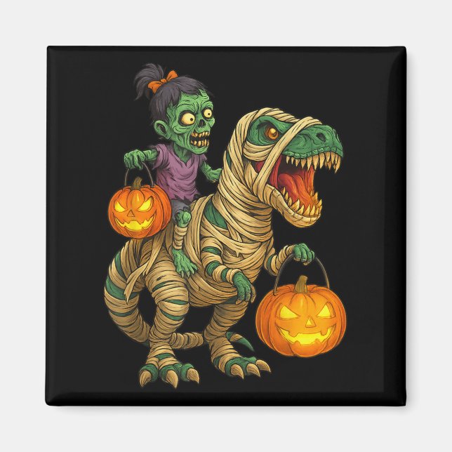 Zombie Girl Riding Mummy T Rex Halloween Kids Tric Magnet (Framsidan)