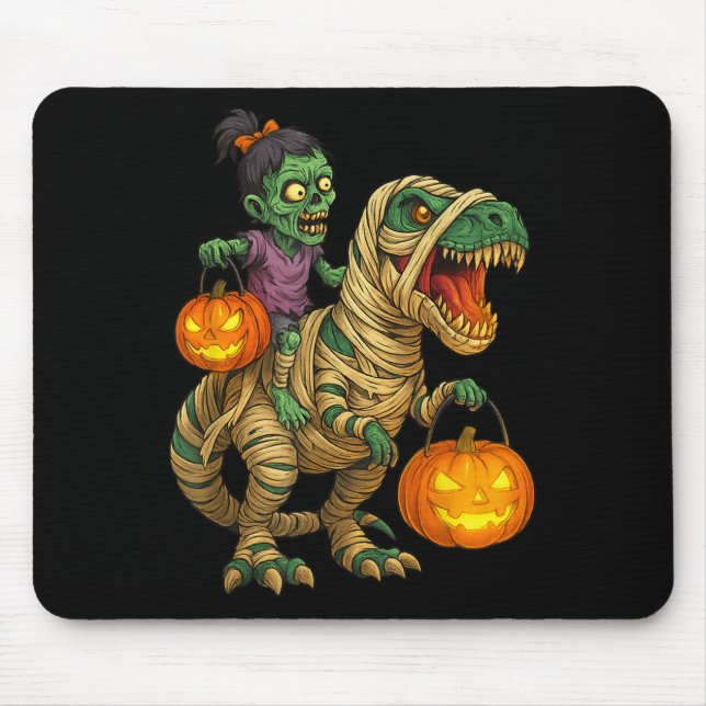 Zombie Girl Riding Mummy T Rex Halloween Kids Tric Musmatta (Framsidan)