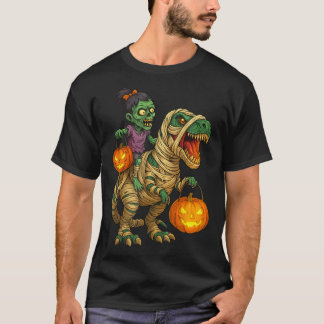 Zombie Girl Riding Mummy T Rex Halloween Kids Tric Shirt