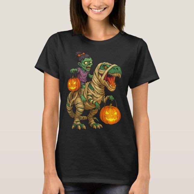 Zombie Girl Riding Mummy T Rex Halloween Kids Tric T Shirt (Framsida)
