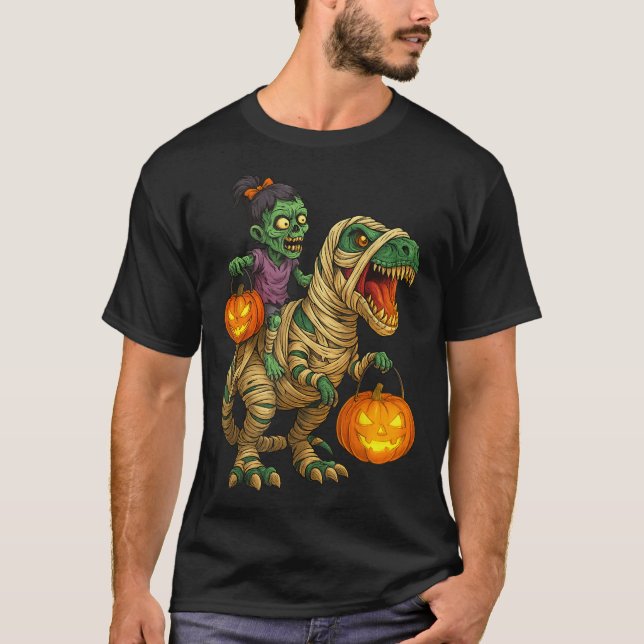 Zombie Girl Riding Mummy T Rex Halloween Kids Tric T Shirt (Framsida)