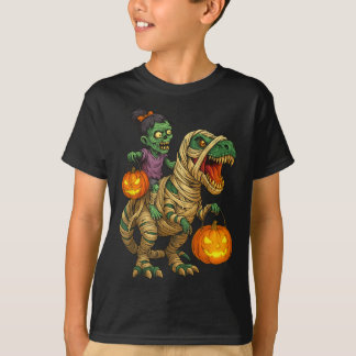 Zombie Girl Riding Mummy T Rex Halloween Kids Tric T Shirt