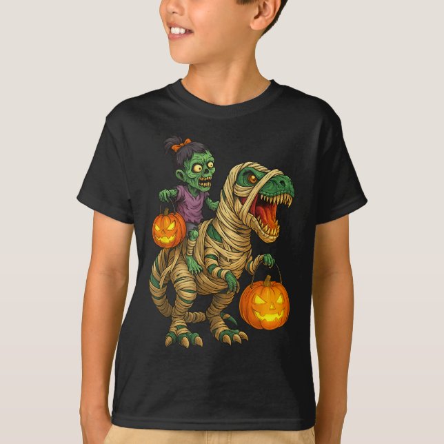 Zombie Girl Riding Mummy T Rex Halloween Kids Tric T Shirt (Framsida)