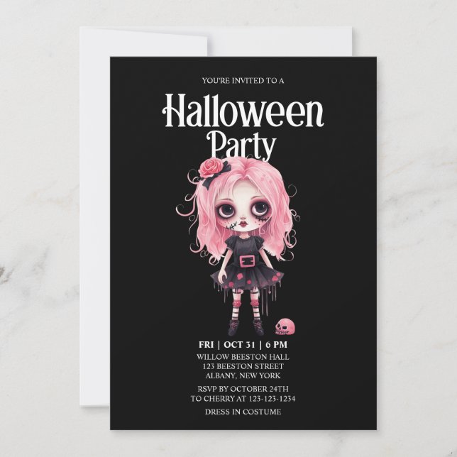 Zombie Girl Skull Rosa Horror Halloween fest Inbjudningar (Framsida)