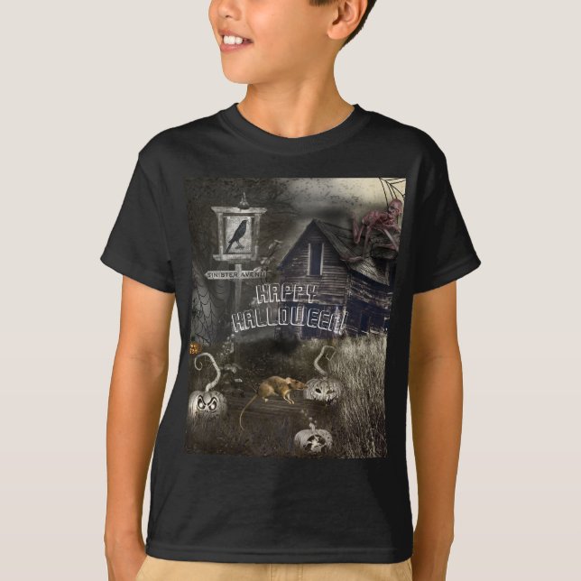 Zombie Graveyard + Råttor Sinister Ave Halloween T Shirt (Framsida)