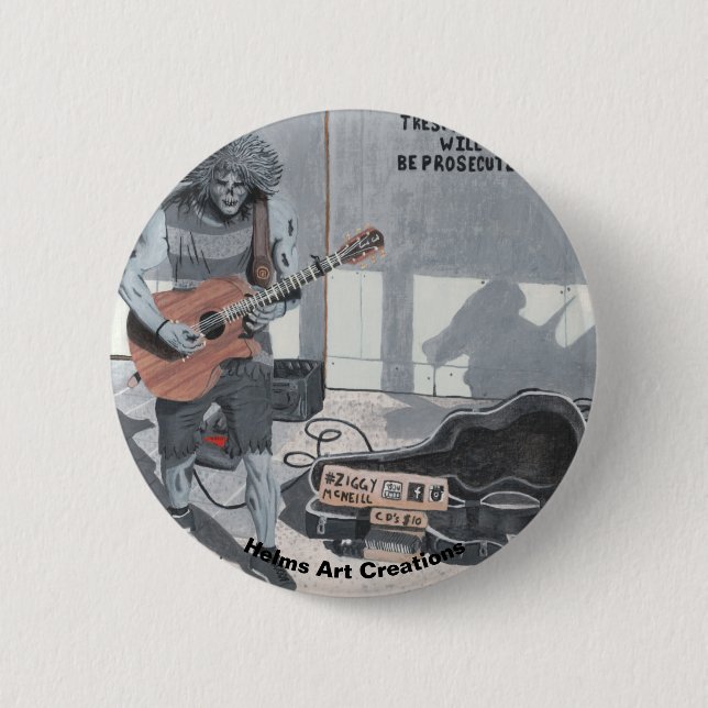 Zombie Guitar Street Musician Fantasy Art Button Knapp (Framsida)