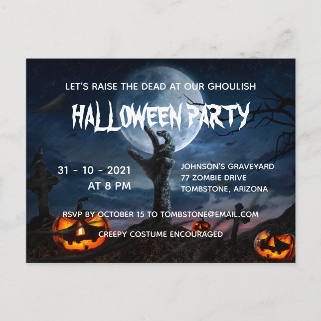 Zombie Hand Full Moon Creepy Halloween fest Invit Inbjudan Vykort (Framsida)