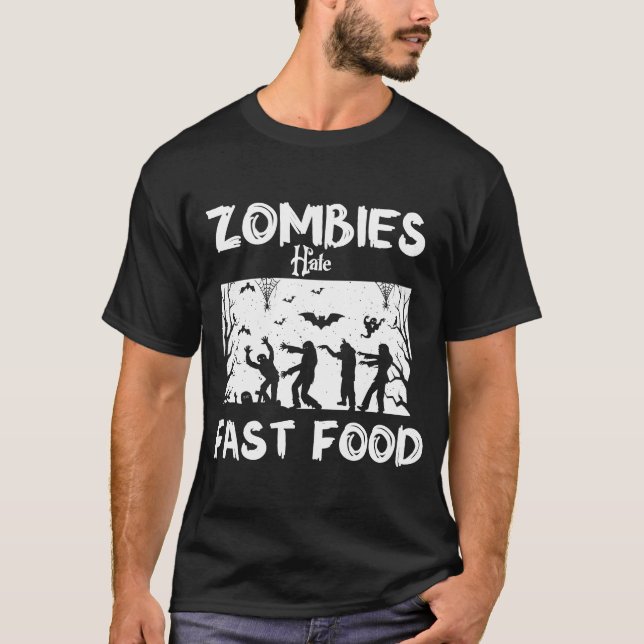 Zombie hatar snabbmat Halloween Fan Rolig T Shirt (Framsida)