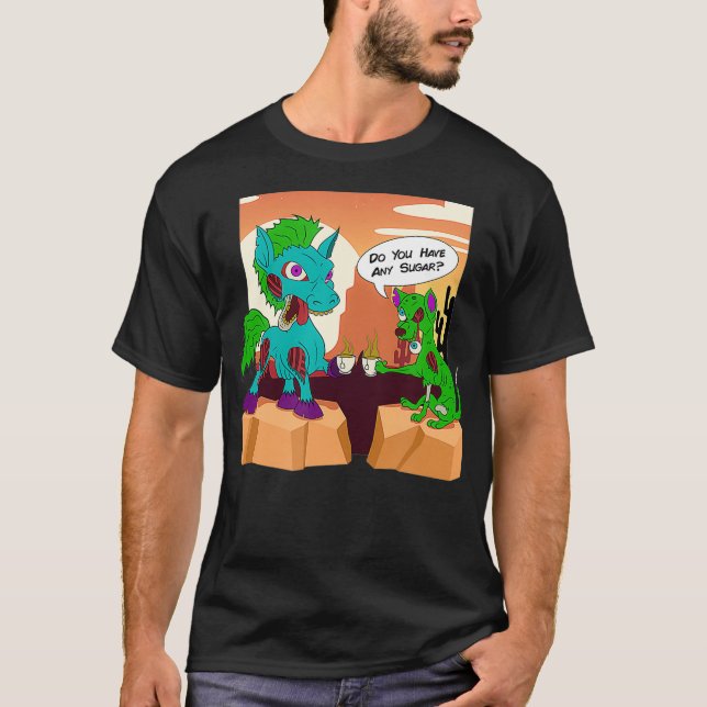 Zombie Horse Zombie Hund Sipping Tea i öknen T Shirt (Framsida)