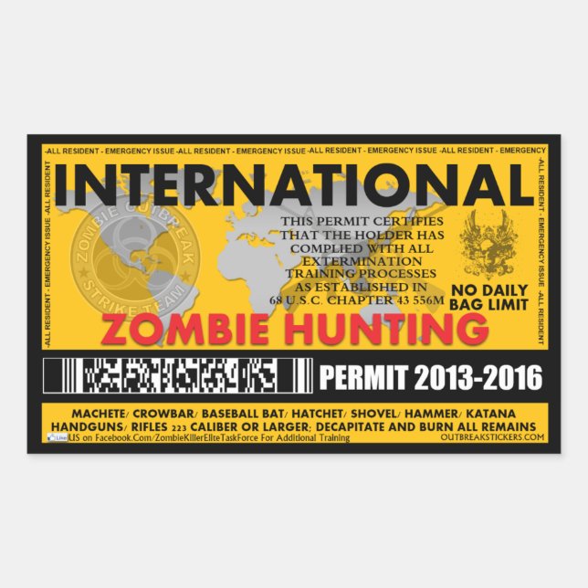 Zombie Hunting Permit Internationell Rektangulärt Klistermärke (Framsida)