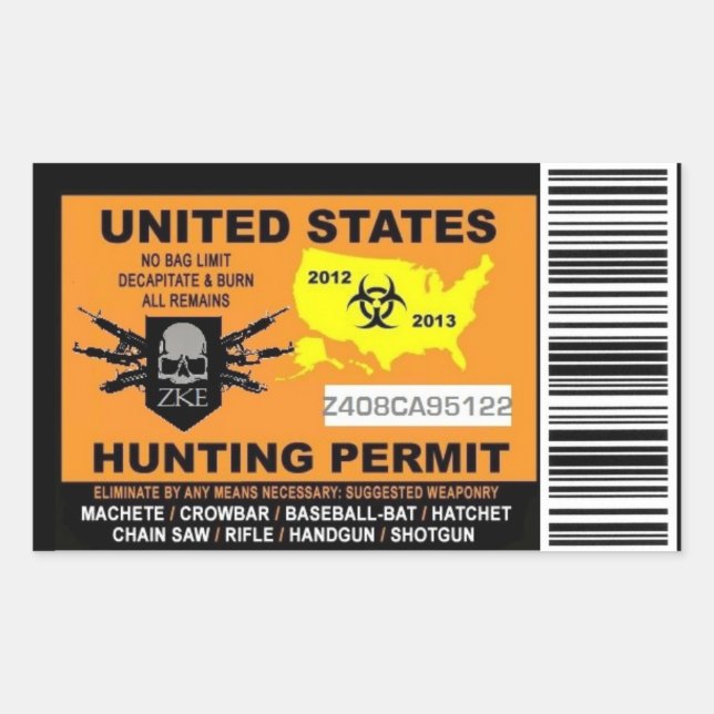 Zombie Hunting Permit Sticker Rektangulärt Klistermärke (Framsida)