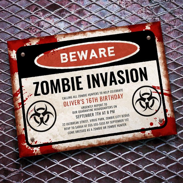 Zombie-invasionen i party med rostiskt farotecken inbjudningar (Skapare uppladdad)