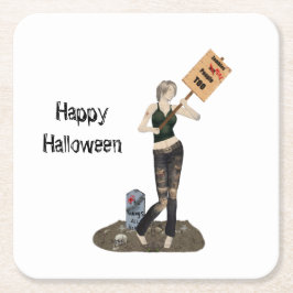 Zombie Pin Up Girl Protest II Papper Underlägg Kvadrat