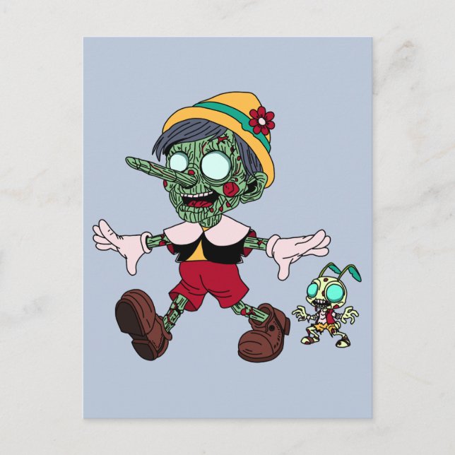 Zombie Pinocchio & Cricket Vykort (Framsida)