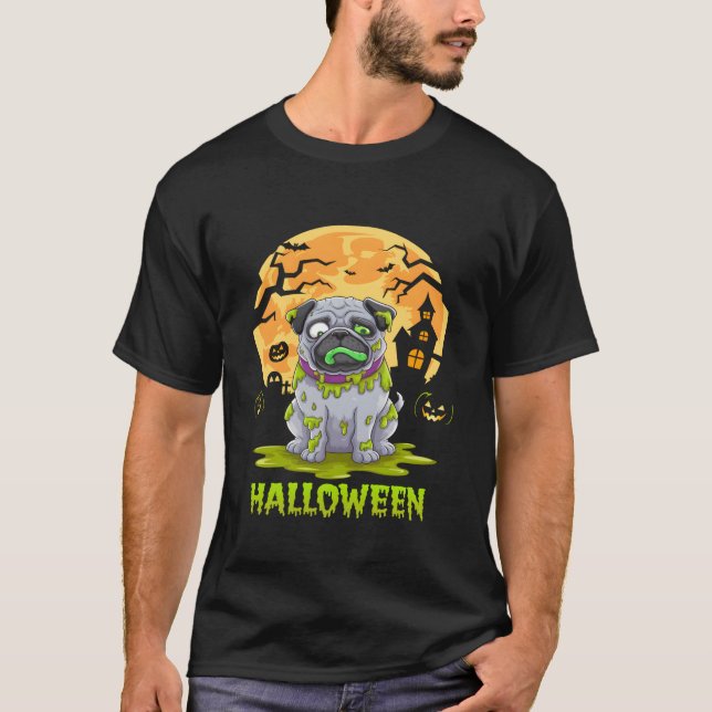 Zombie Pug Hund Halloween T Shirt (Framsida)