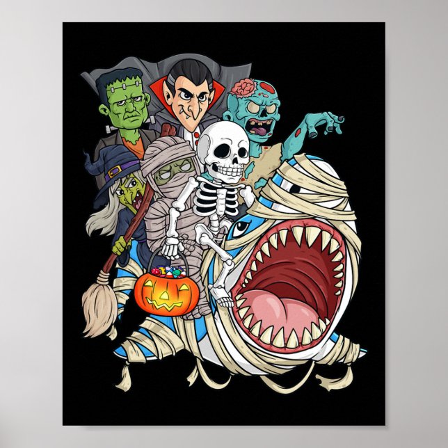 Zombie Riding Mummy Shark Vampire Halloween Pumpki Poster (Framsidan)