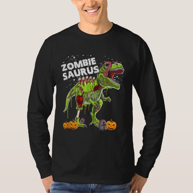 Zombie Saurus Halloween Barn Dinosaur rex T Shirt (Framsida)