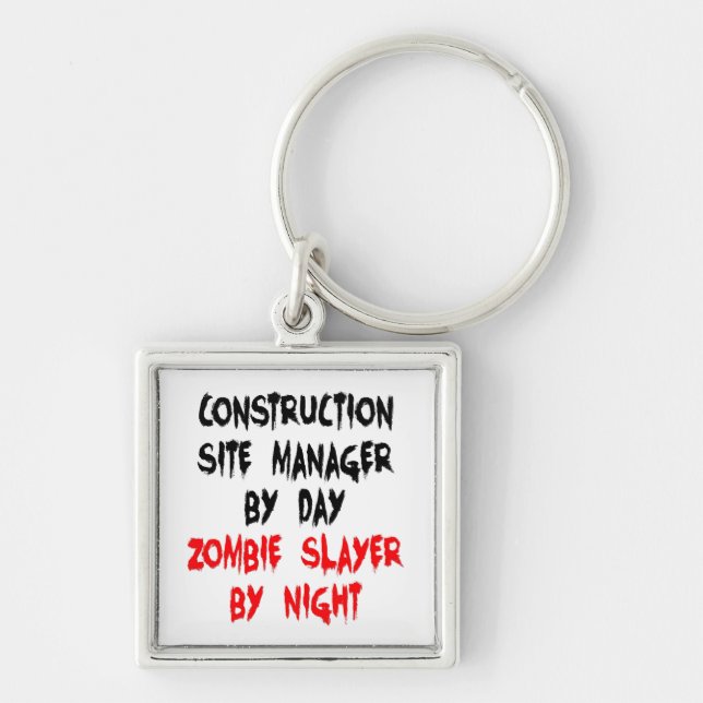 Zombie Sayer Construction Site Manager Fyrkantig Silverfärgad Nyckelring (Framsidan)