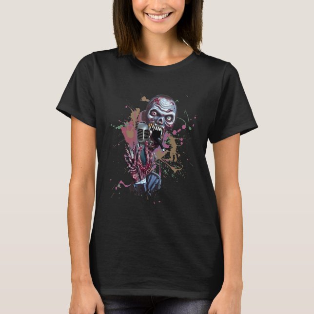 Zombie Sjungande Mikrofon Metal Rockmusik Skräck T Shirt (Framsida)