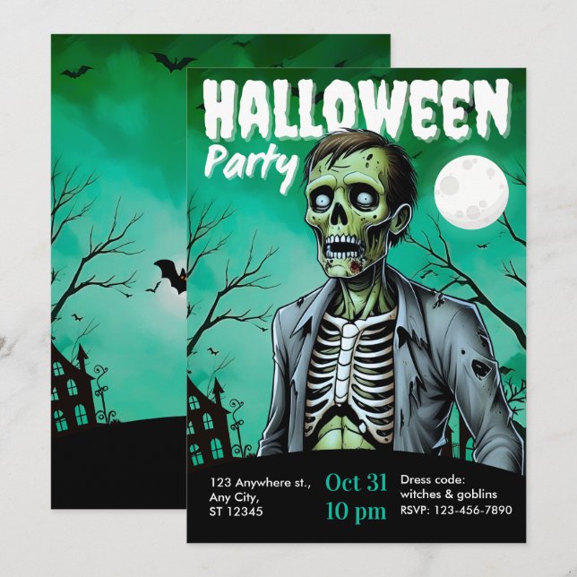 Zombie Skeleton Halloween Party Invite Adults Inbjudningar (Fram/baksida)