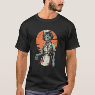 Zombie-sköterska Halloween Kuslig Fullmåne Retro T Shirt