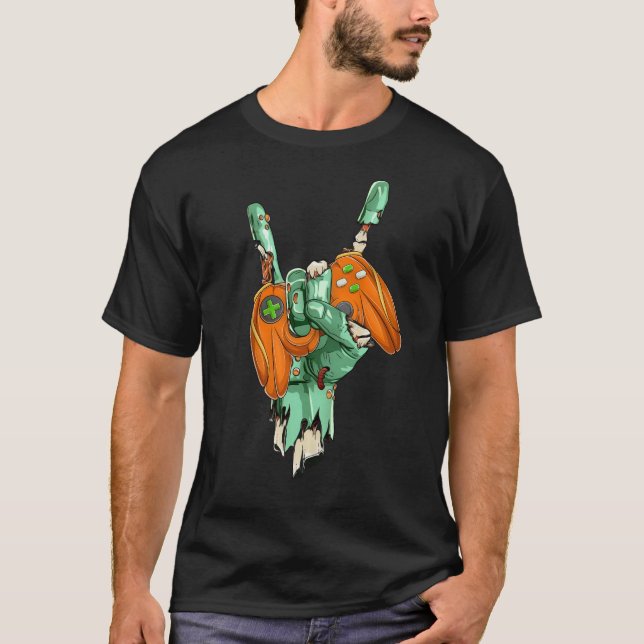 Zombie Sten Hand Holding Pumkpin-spelkontroll T Shirt (Framsida)