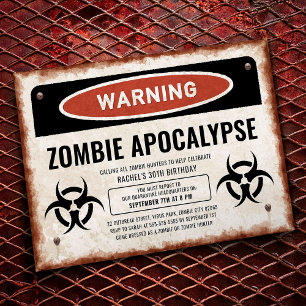 Zombie-themed party inbjudan med varningsskylt