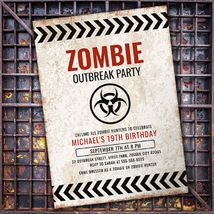 Zombie-utbrottsfest med grunge-text inbjudningar