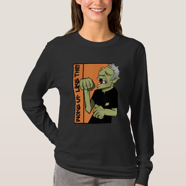 Zombie Vaknade Så Här Halloween T Shirt (Framsida)