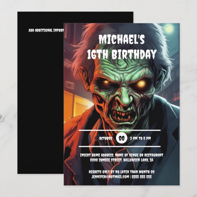 Zombie-varelsen tecknad halloween fest-pojkar inbjudningar (Fram/baksida)