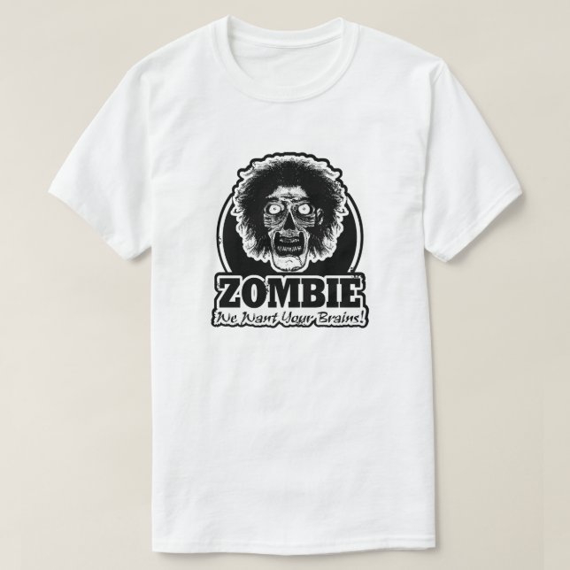 ZOMBIE Vi vill ha dina hjärnor Ver.3 Svartvit T Shirt (Design framsida)