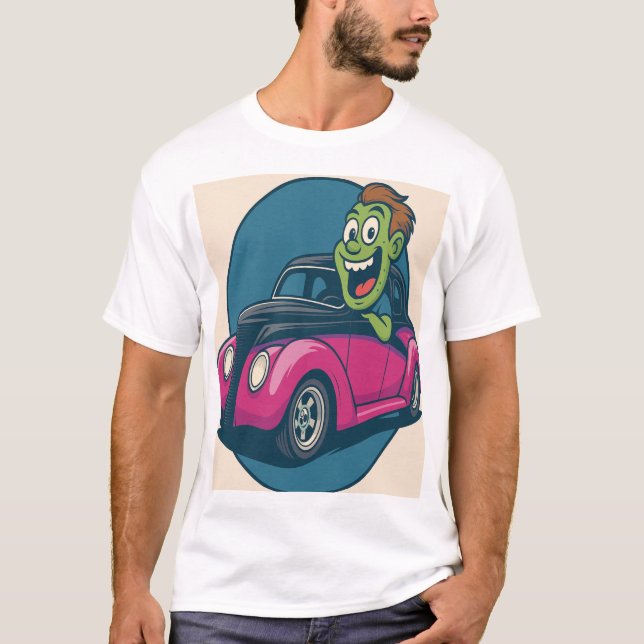 Zombie Zipper: Cartoon Ghoul Cruising in a Hot Rod T Shirt (Framsida)